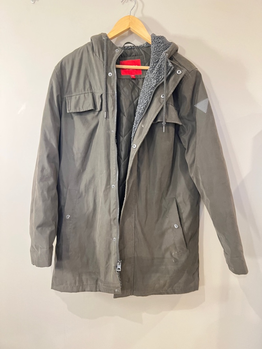 Guess Olive Green Hooded Sherpa-Lined Bomber Jacket